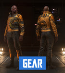 The Vaporwear Creese is an ocan jacket featuring an old-Earth collar and tags around the shoulders. Armored shoulder accents and ventilated sleeves provide protection without restricting movement, allowing the jacket to be worn casually or piloting an open canopy vehicle. The special Copperhead edition features a snake enwrapping the front, back, and left arm of the jacket.