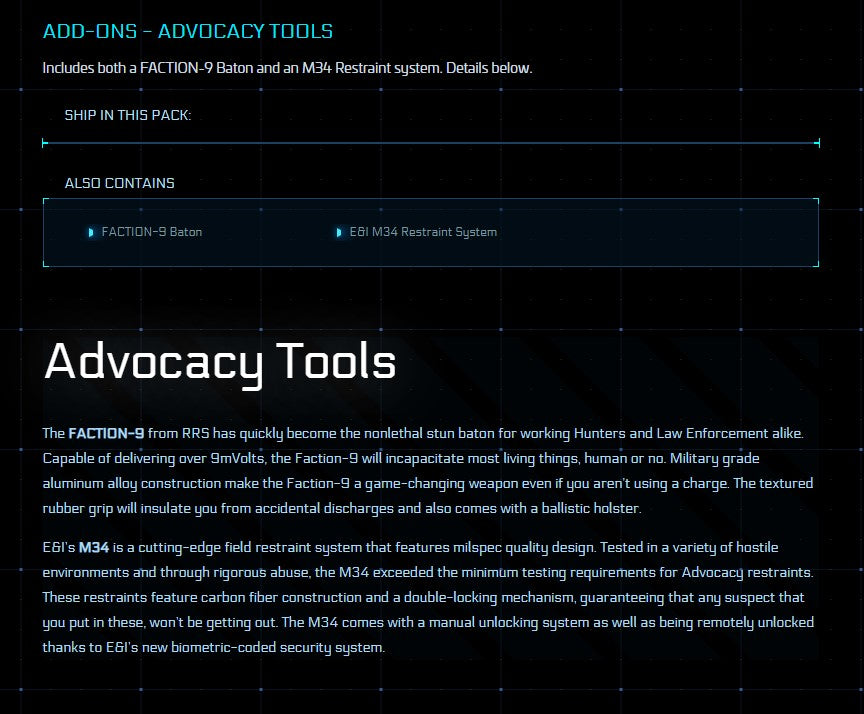 Advocacy Tools (FACTION-9 Baton and an M34 Restraint system)