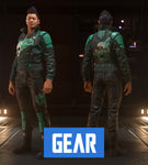 The Vaporwear Creese is an ocan jacket featuring an old-Earth collar and tags around the shoulders. Armored shoulder accents and ventilated sleeves provide protection without restricting movement, allowing the jacket to be worn casually or piloting an open canopy vehicle. The special Toxic Fog edition is black with poison gas green accents and skull on the front and back.