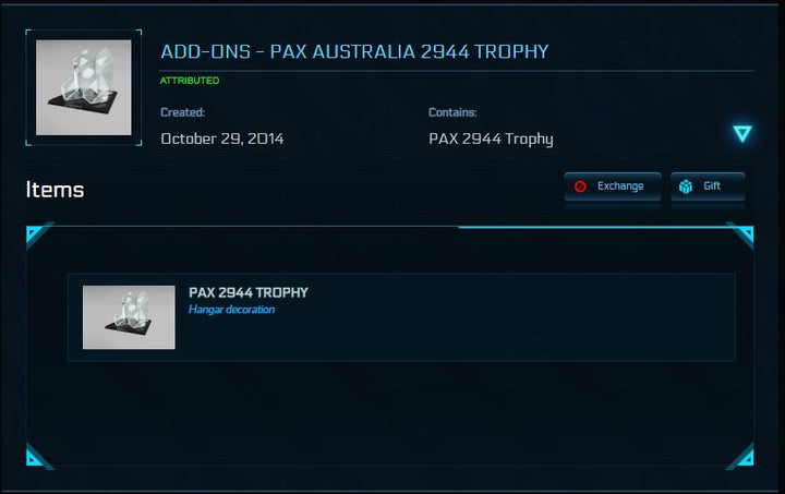 This is the rare hangar flair trophy that was only sold during the Pax Australia 2014 event.  "To help cover the cost of the event, we’ve created this trophy you can display in your hangar. It will be a great way to show how you’ve been active in the community! Available for purchase through the event… and after that, they’re gone forever!"