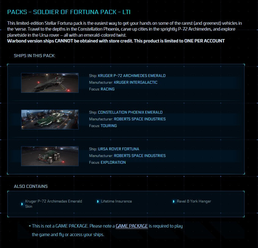 This limited-edition Stellar Fortuna pack is the easiest way to get your hands on some of the rarest (and greenest) vehicles in the ‘verse. Travel to the depths in the Constellation Phoenix, carve up cities in the sprightly P-72 Archimedes, and explore planetside in the Ursa rover – all with an emerald-colored twist.