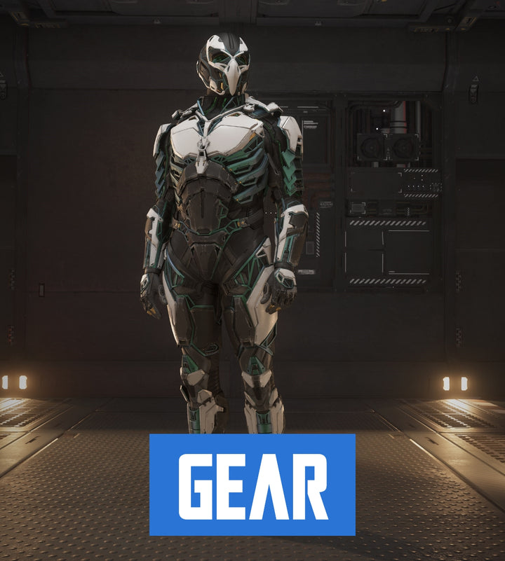 Honor the Tevarin aesthetic with the Aves Talon armor; manufactured with white, green, grey, and black plating to perfectly evoke the shape language imbued into their iconic ships.