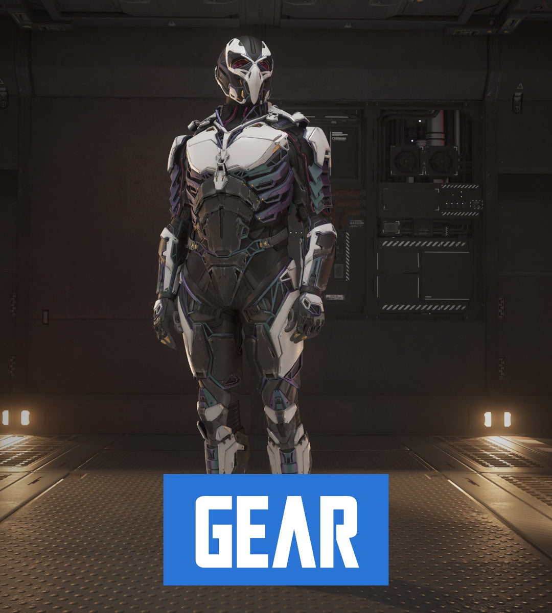 Honor the Tevarin aesthetic with the Aves Shrike armor; manufactured with white, blue, magenta, grey, and black plating to perfectly evoke the shape language imbued into their iconic ships.