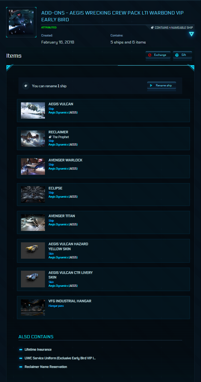 Buy Aegis Wrecking Crew Pack VIP Early Bird LTI for Star Citizen