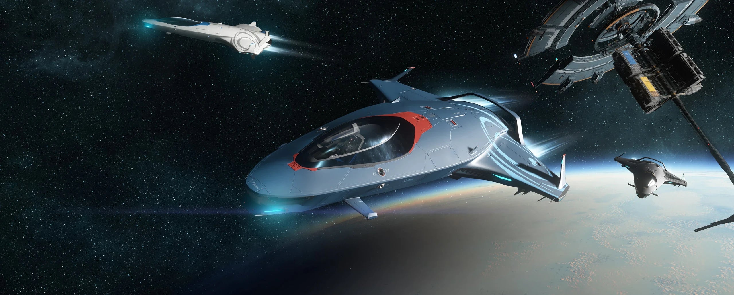 125a - 135c with 100i and 125a flying away from Port Tressler in Star Citizen