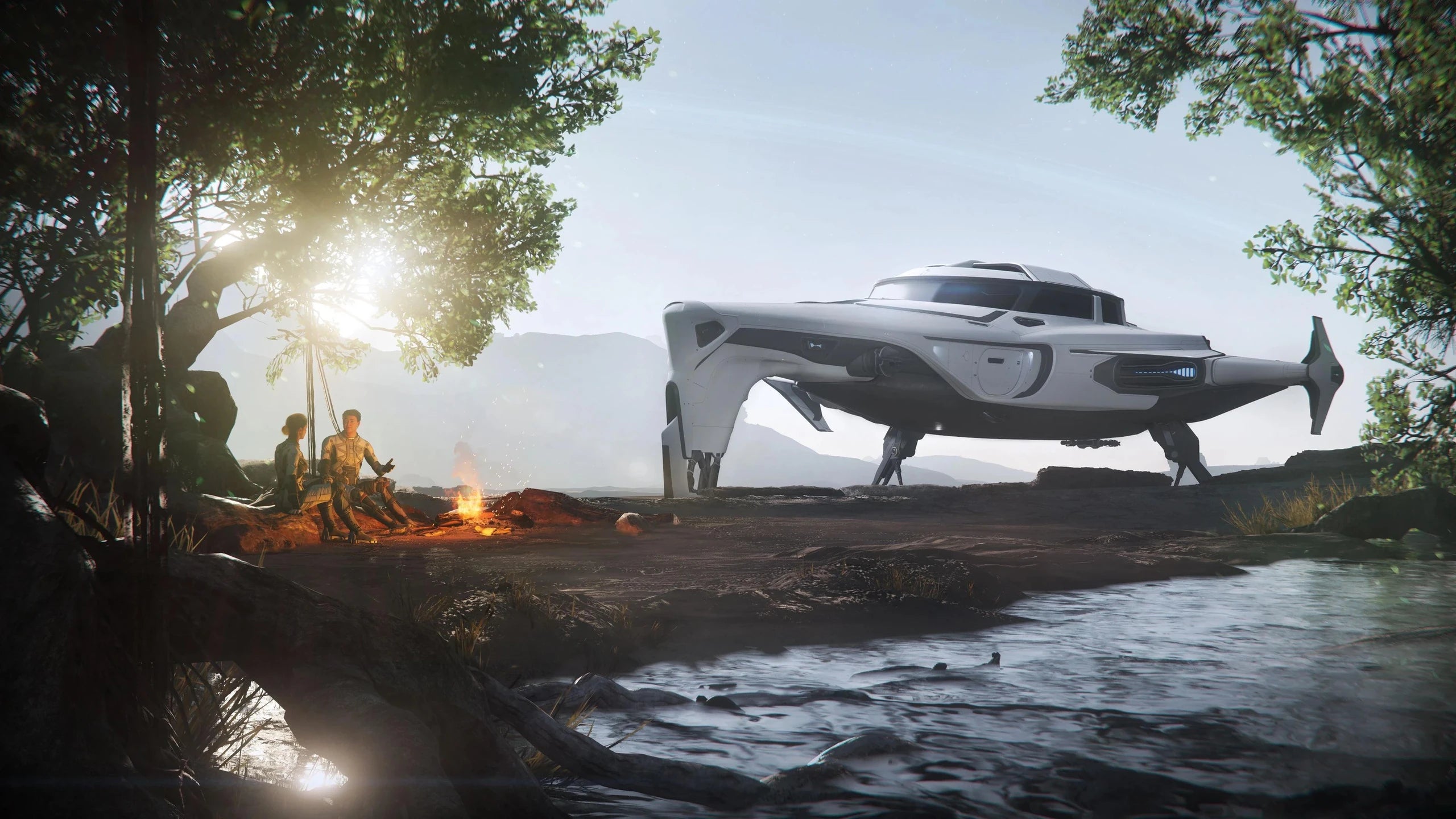 400i - Landed Campfire beside trees and water in Star Citizen