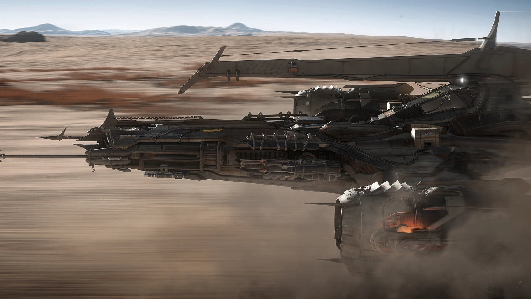 Basher side profile flying above desert terrain