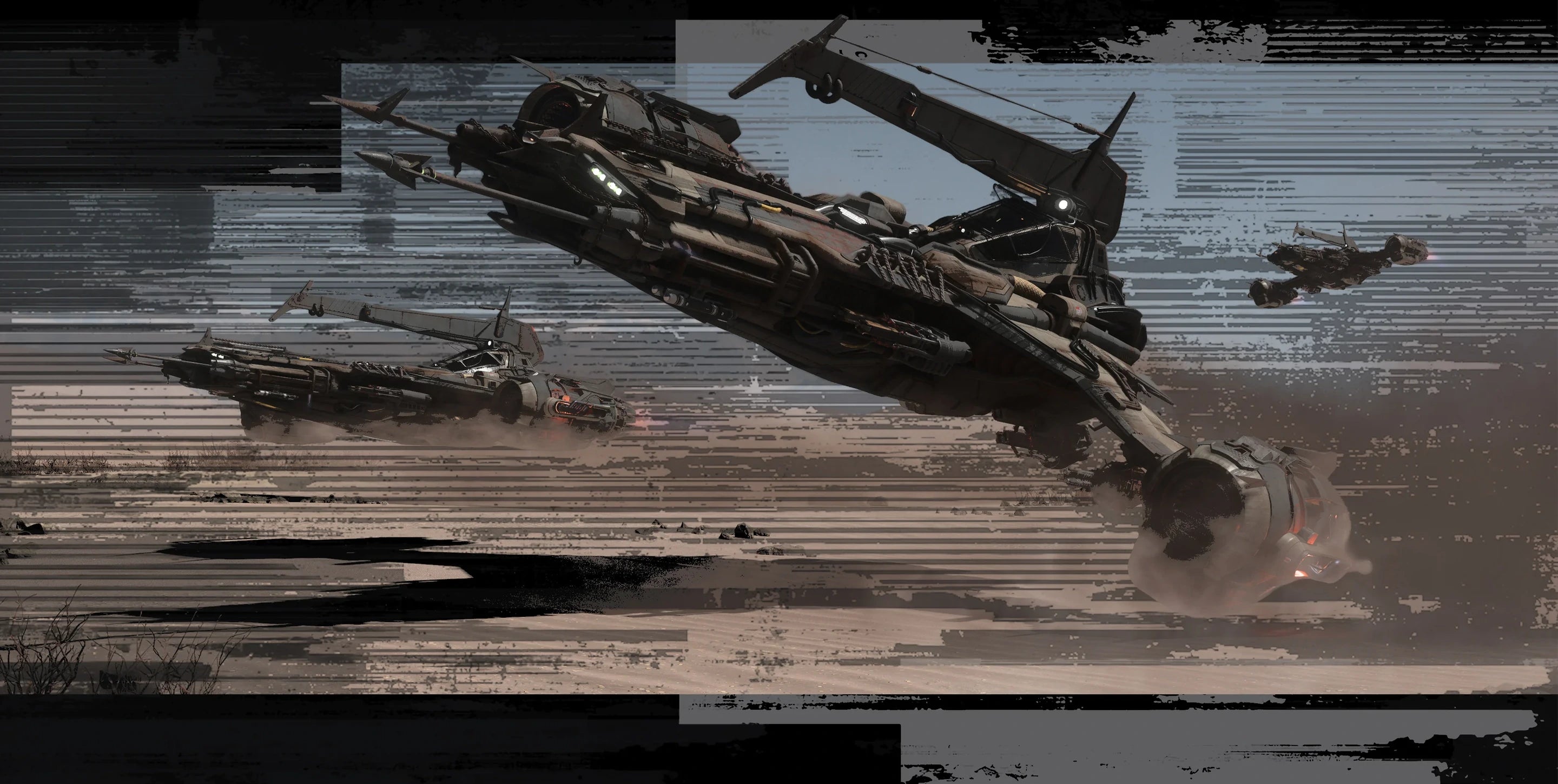 Basher fighters skimming a desert in formation