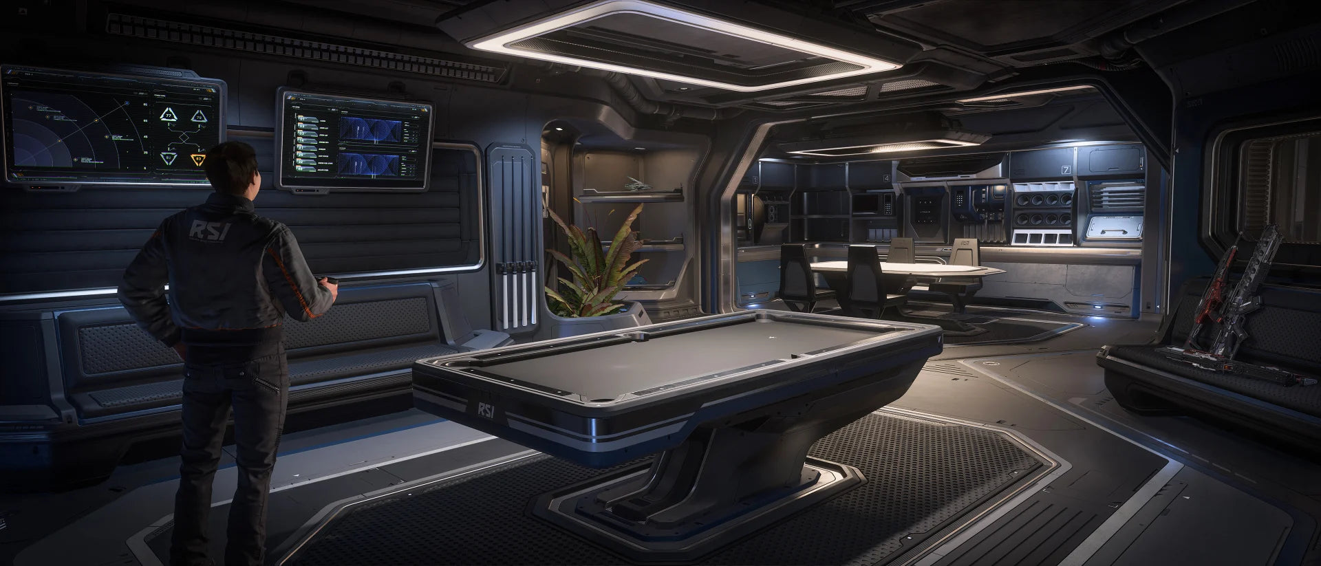 Centaurus crew lounge with communal seating, kitchen facilities, and a central pool table