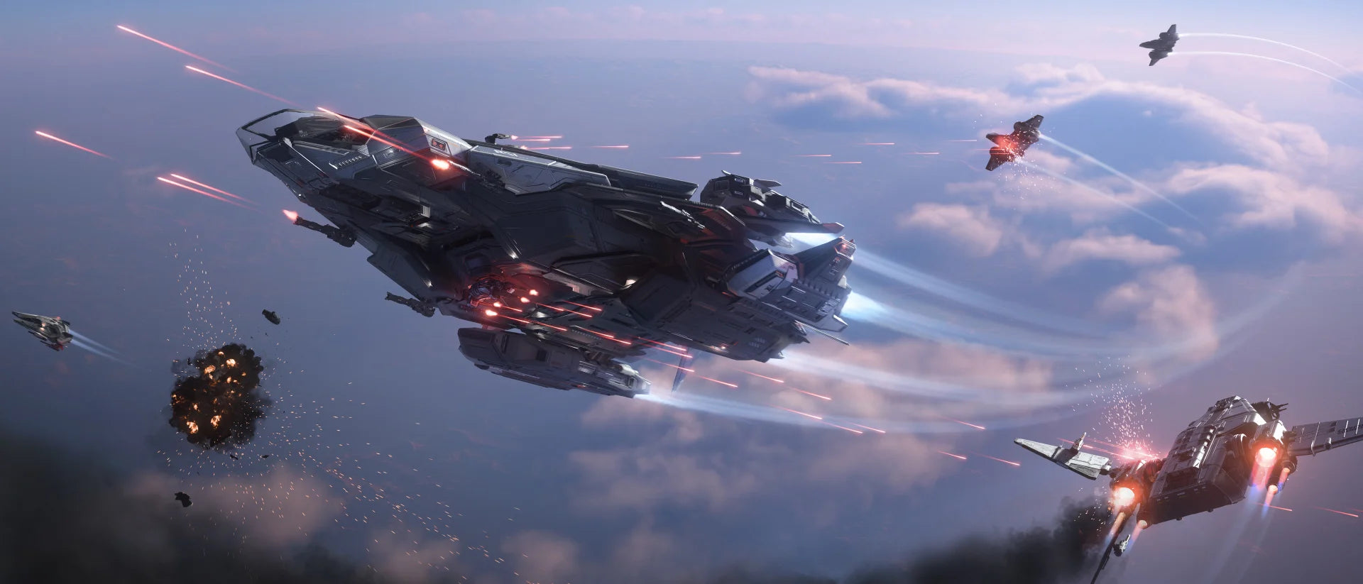 Constellation Mk V Centaurus engaged in combat above a cloud-covered planet