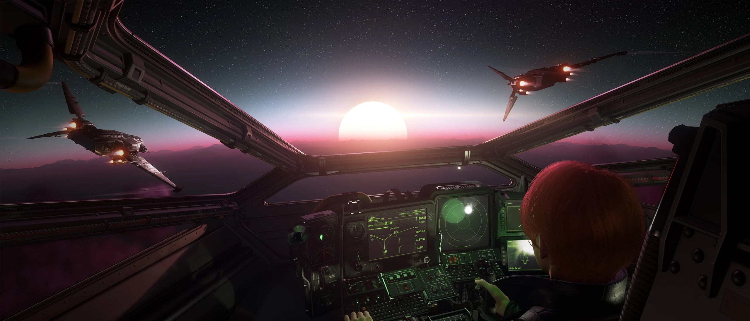 View from the Drake Corsair cockpit as two Corsairs fly toward a setting star