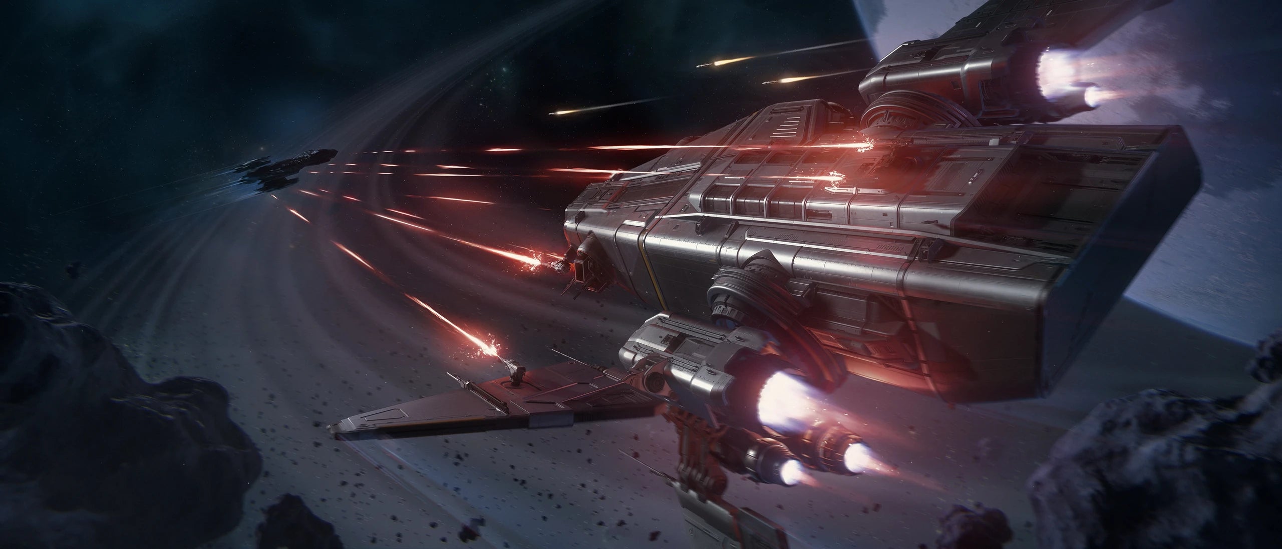 Drake Corsair banking through a space combat engagement