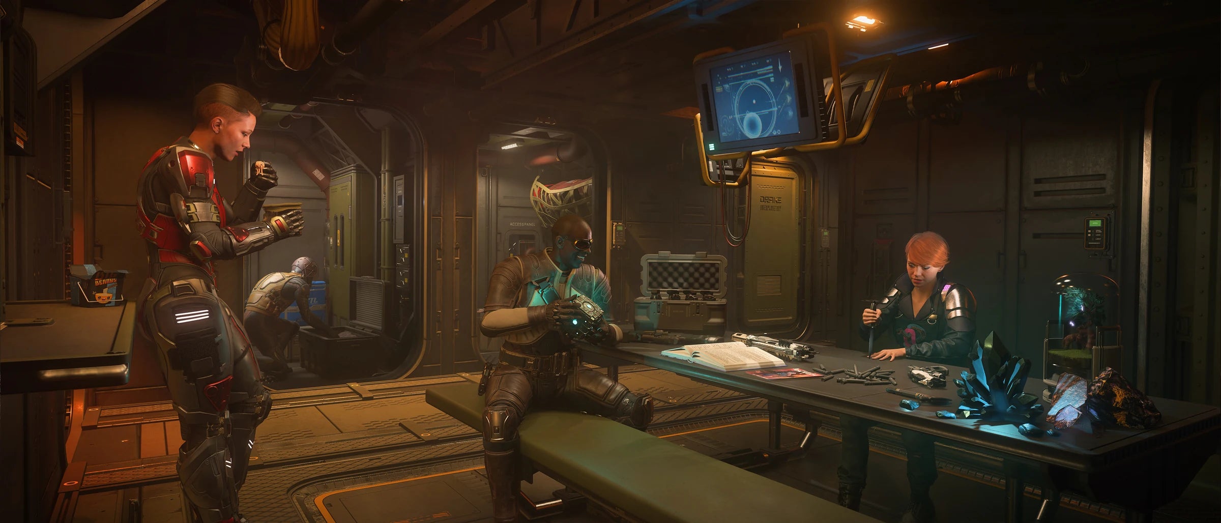 Drake Corsair crew working in the shared galley and common area