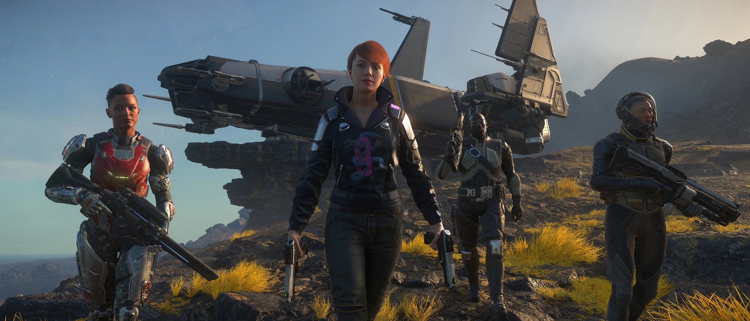 Four-person expedition team walking away from a landed Drake Corsair