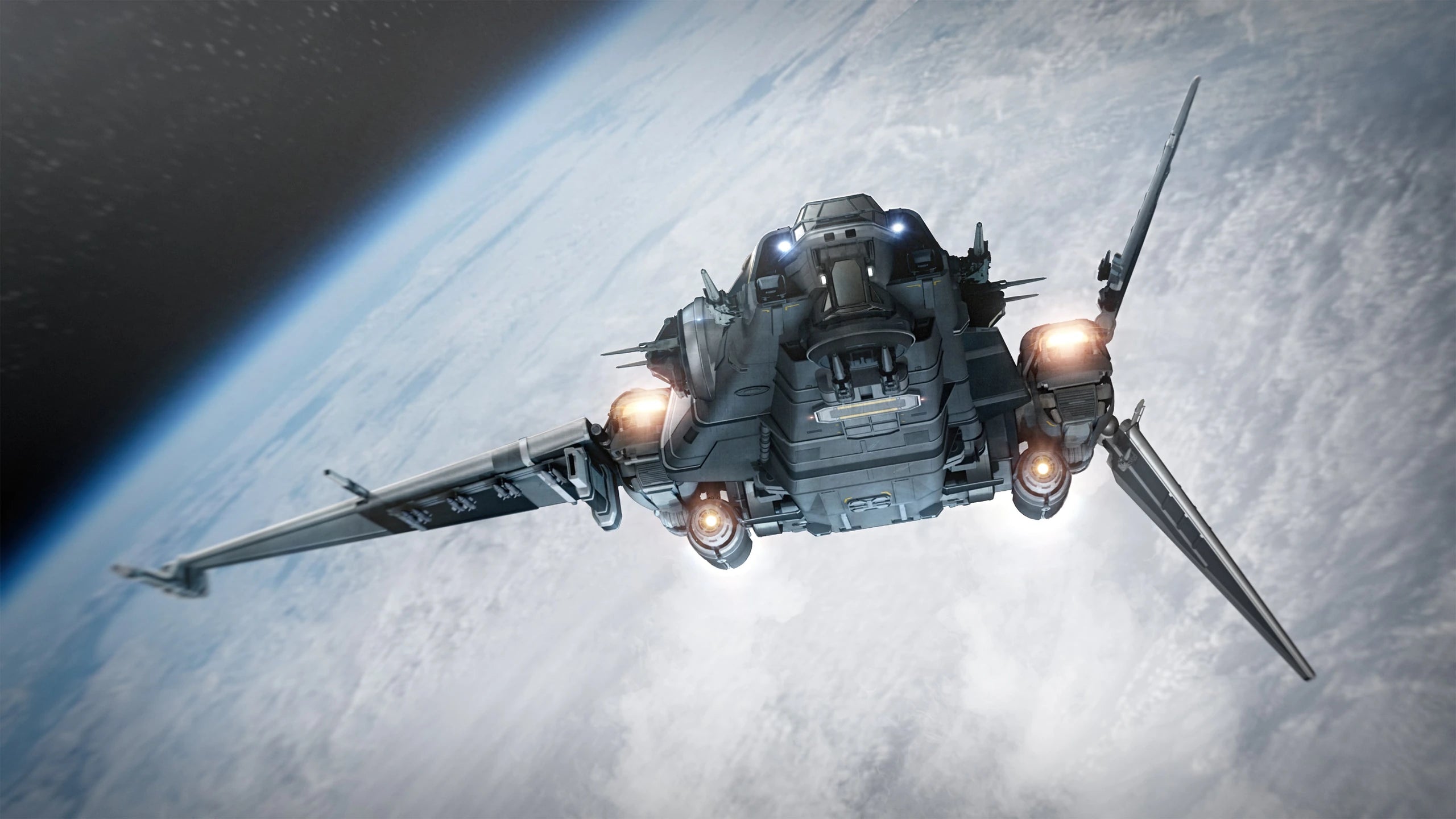 Low-angle view of the Drake Corsair flying above a cloud-covered planet