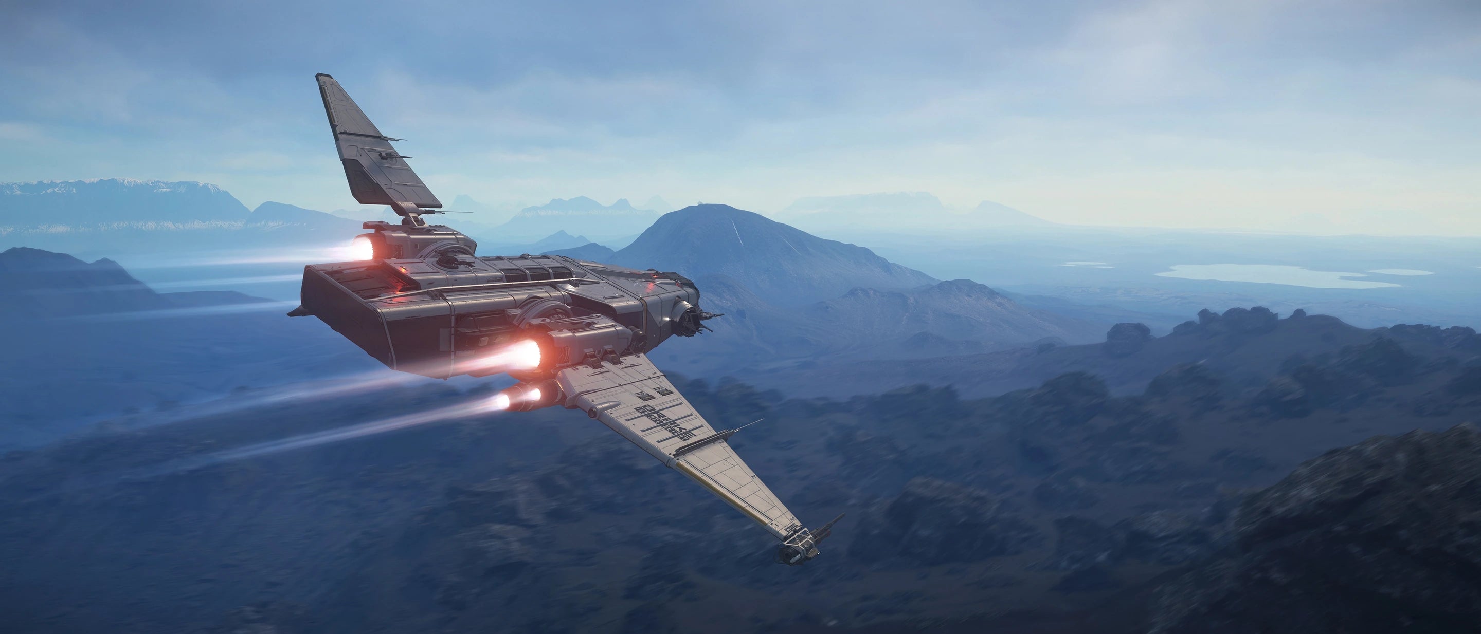 Drake Corsair expedition ship flying above a rugged planetary landscape