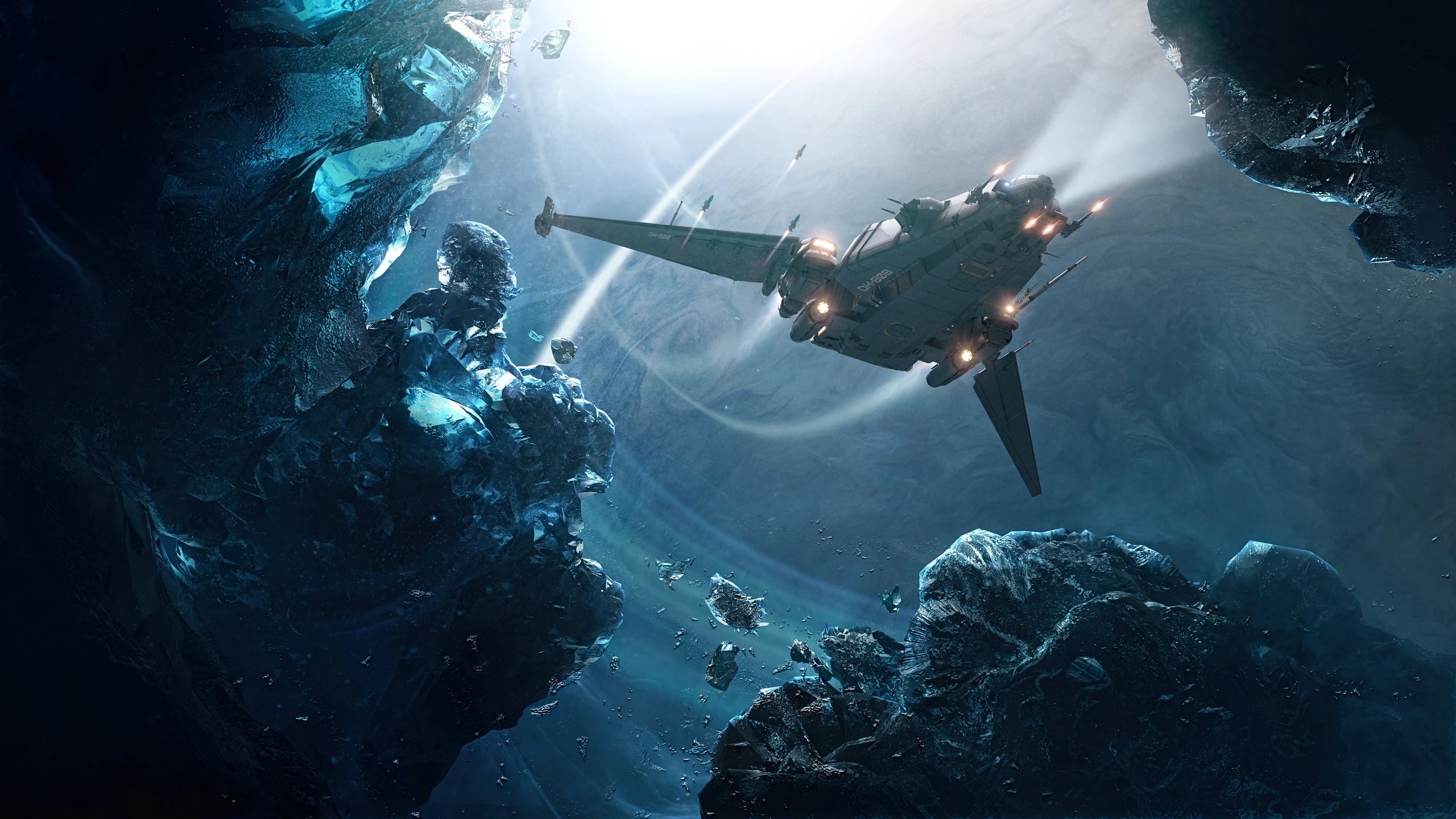 Drake Corsair flying through a field of blue ice and rock fragments