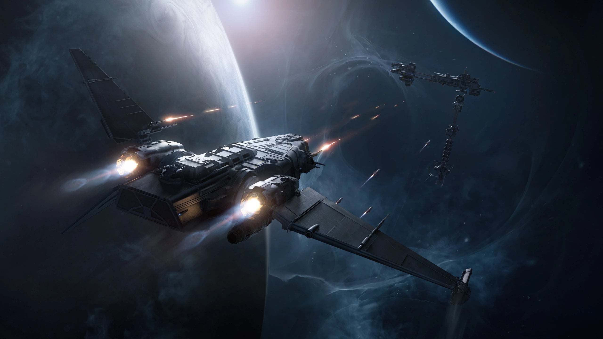 Drake Corsair firing missiles at an orbital installation