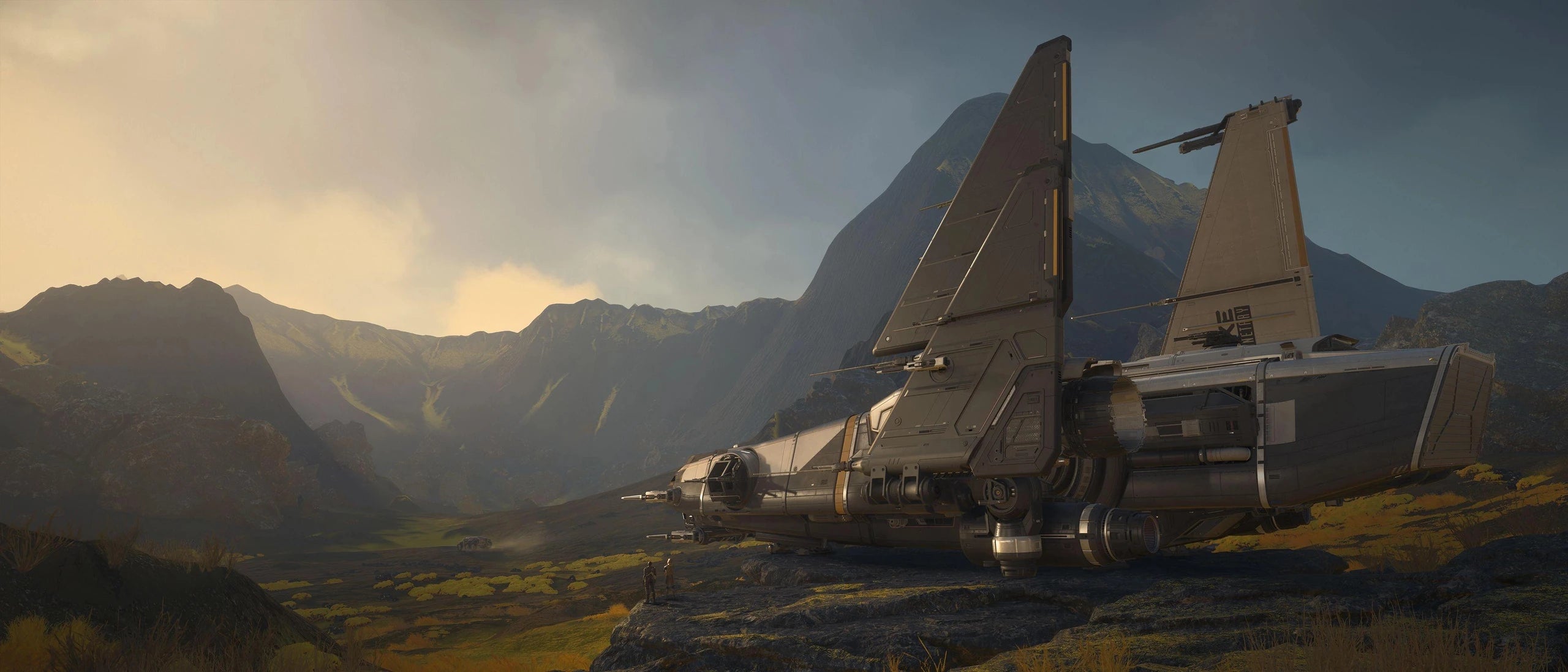 Drake Corsair landed near mountains as an Ursa rover drives away