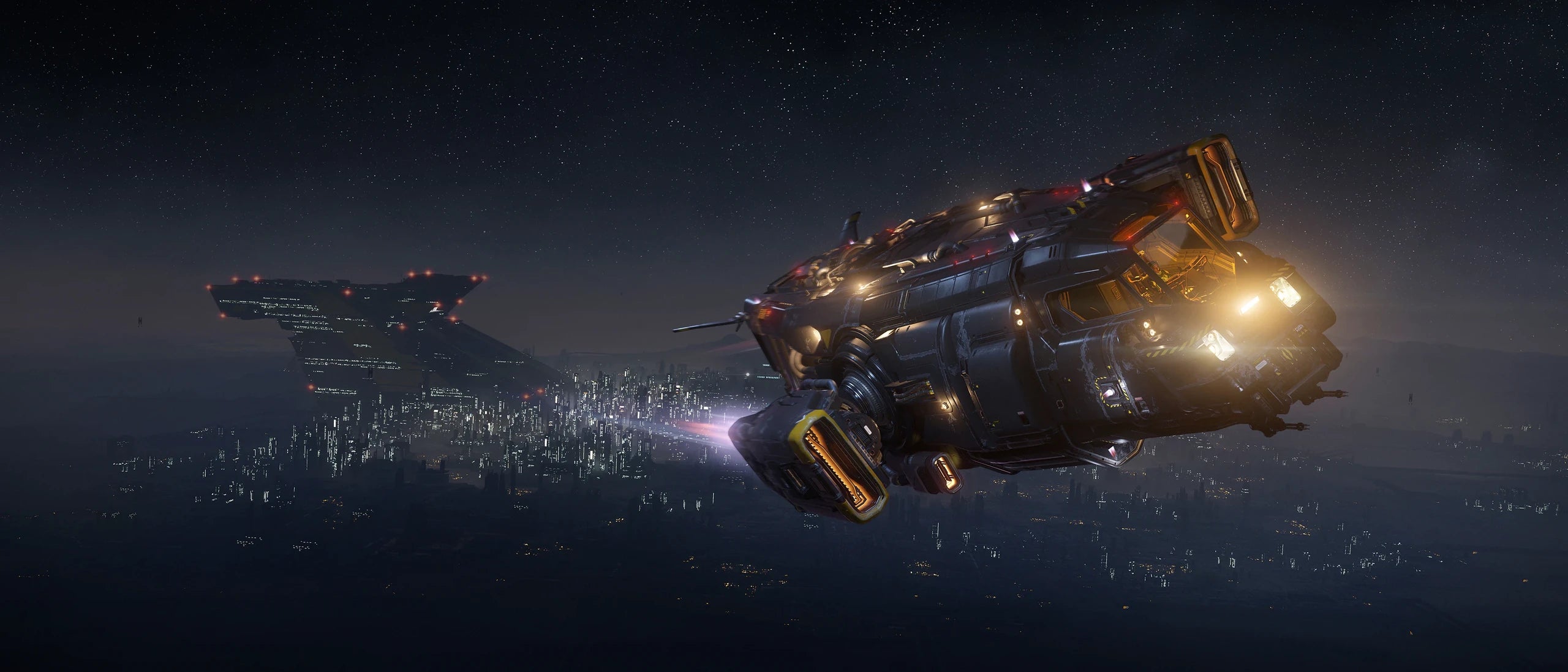 Cutter - flying from Lorville at night in Star Citizen