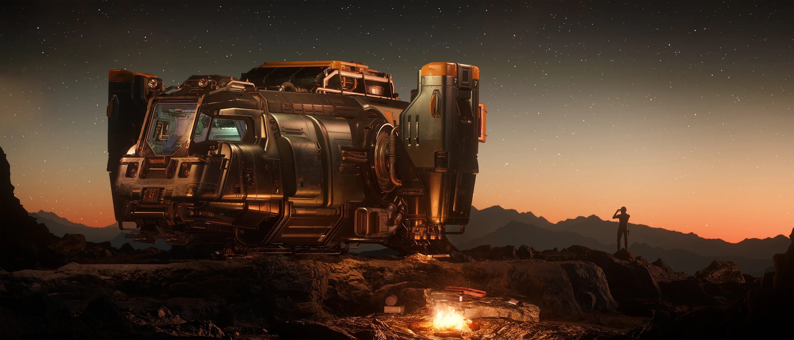 Cutter Rambler - landed beside evening campfire in Star Citizen
