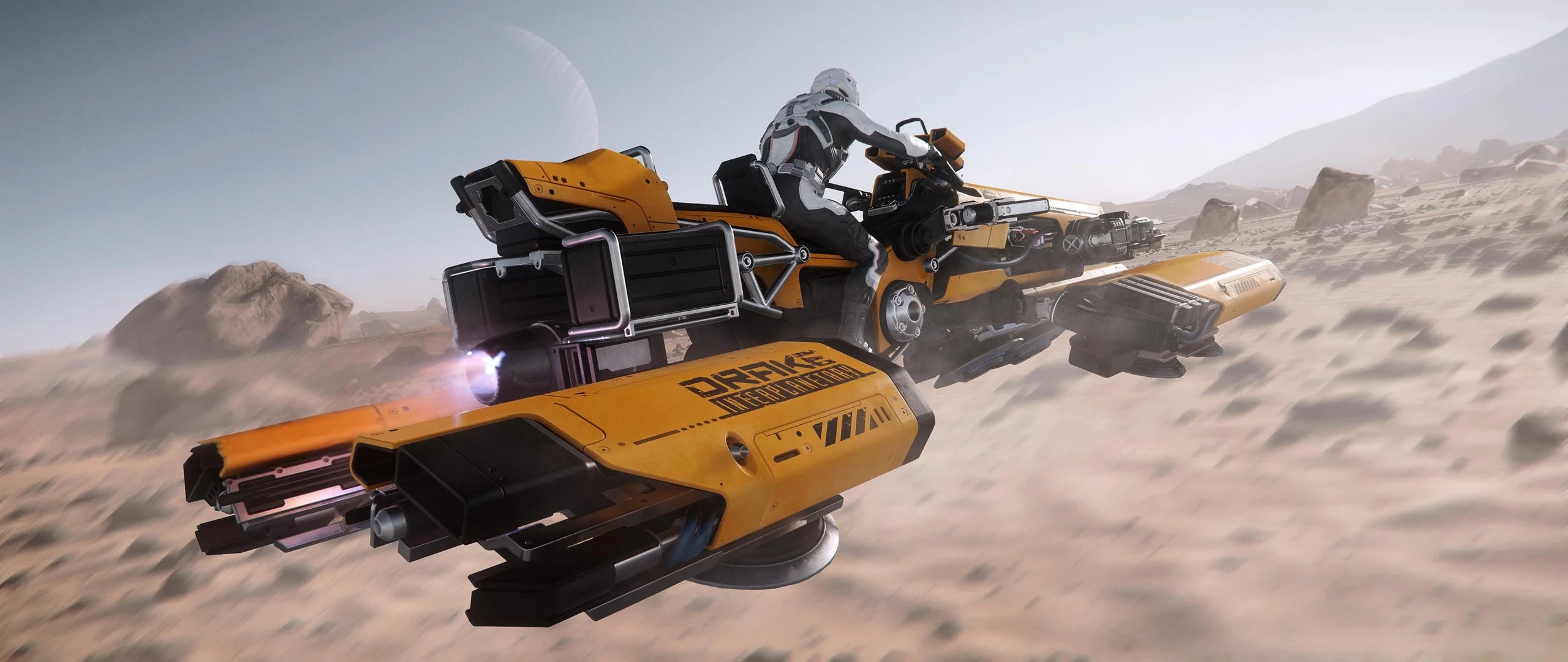 Dragonfly Yellowjacket - Dragonfly YJ flying fast over sandy world in Star Citizen