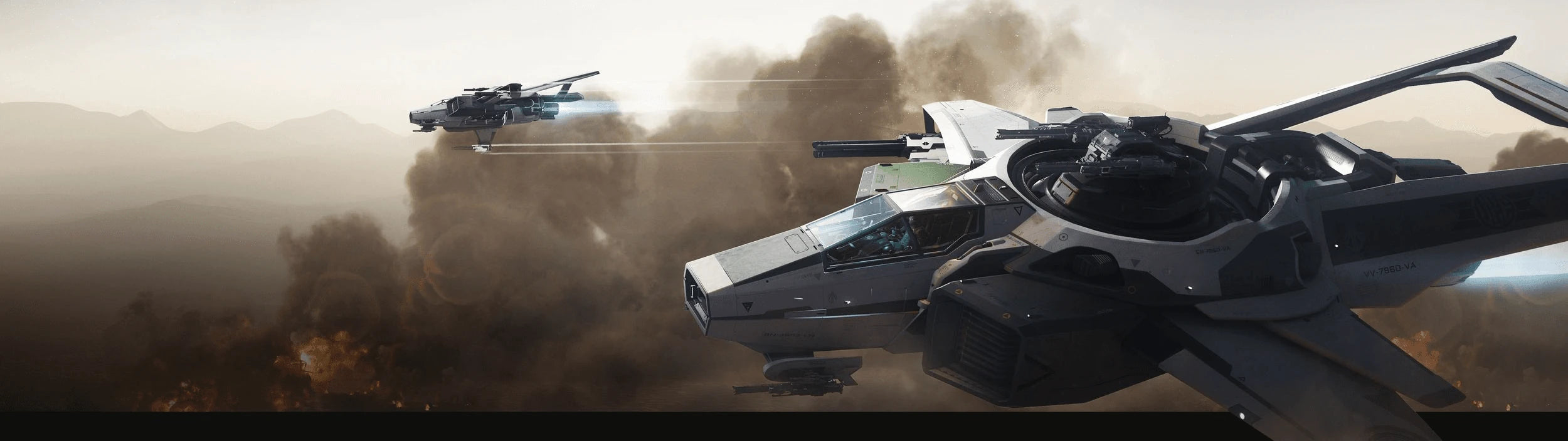 F7A Hornet - Mk I x2 flying low over battlefield 2 in Star Citizen
