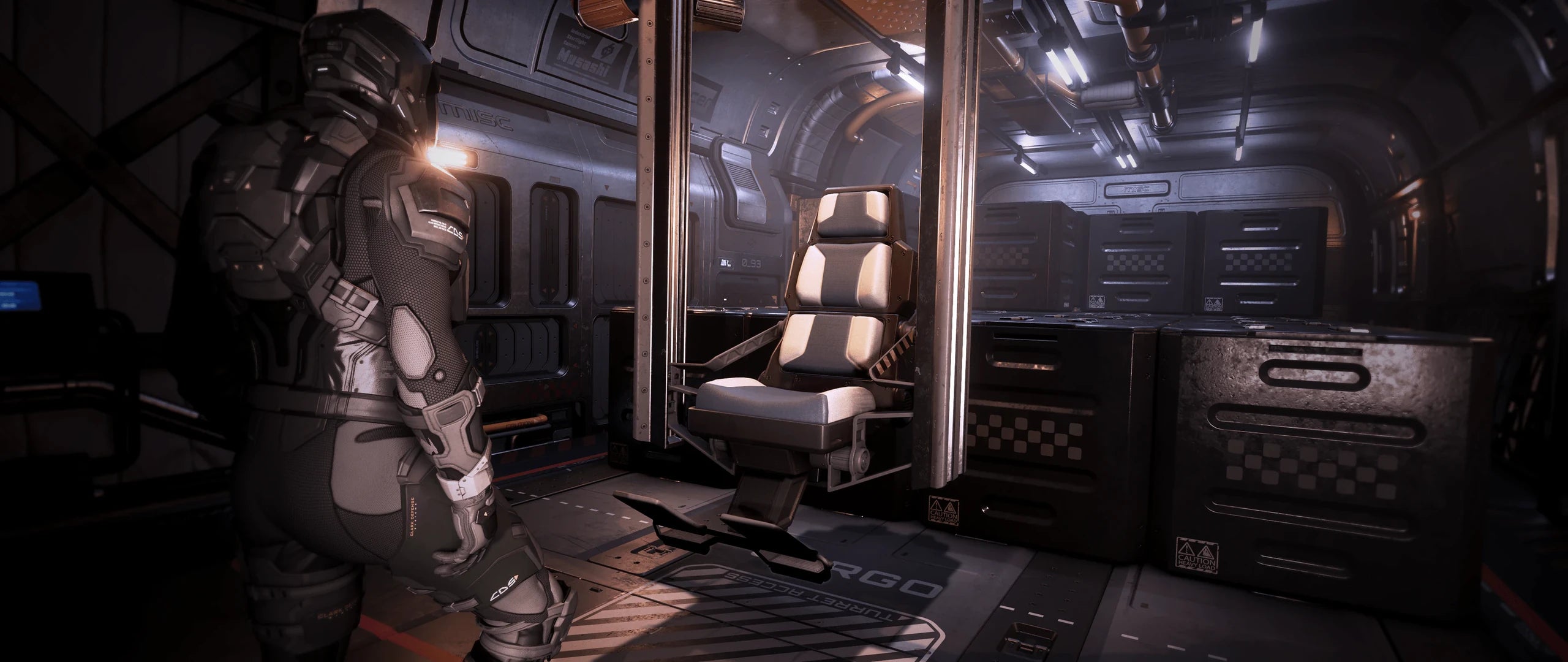 Freelancer MAX - The cargo bay of the Freelancer MAX, half full with cargo and with its turret chair in Star Citizen