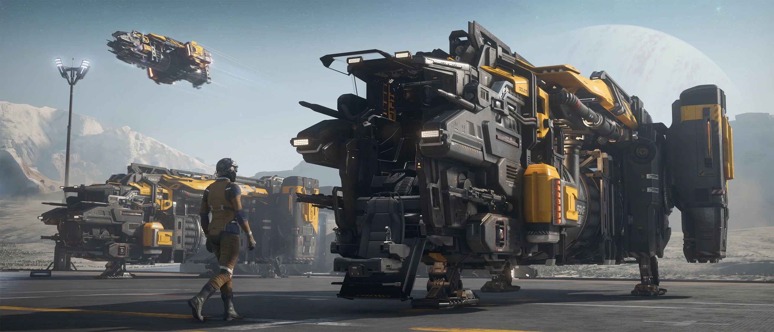 Golem - x3 at outpost with pilot walking to ship in Star Citizen