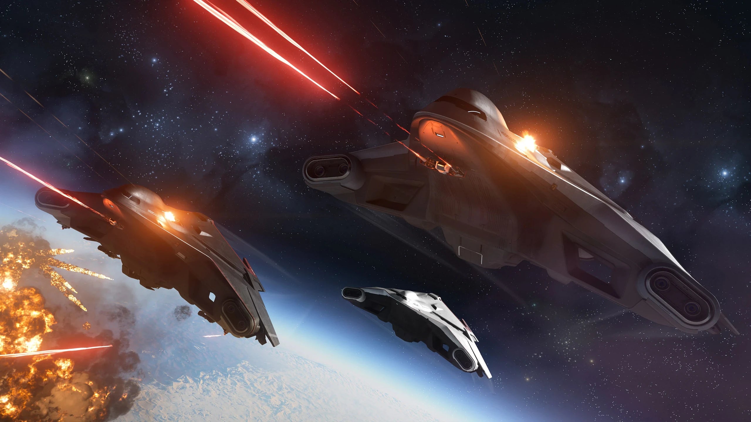 Hercules Starlifter A2 - A2 Hercules Starlifter taking off in space combat in Star Citizen