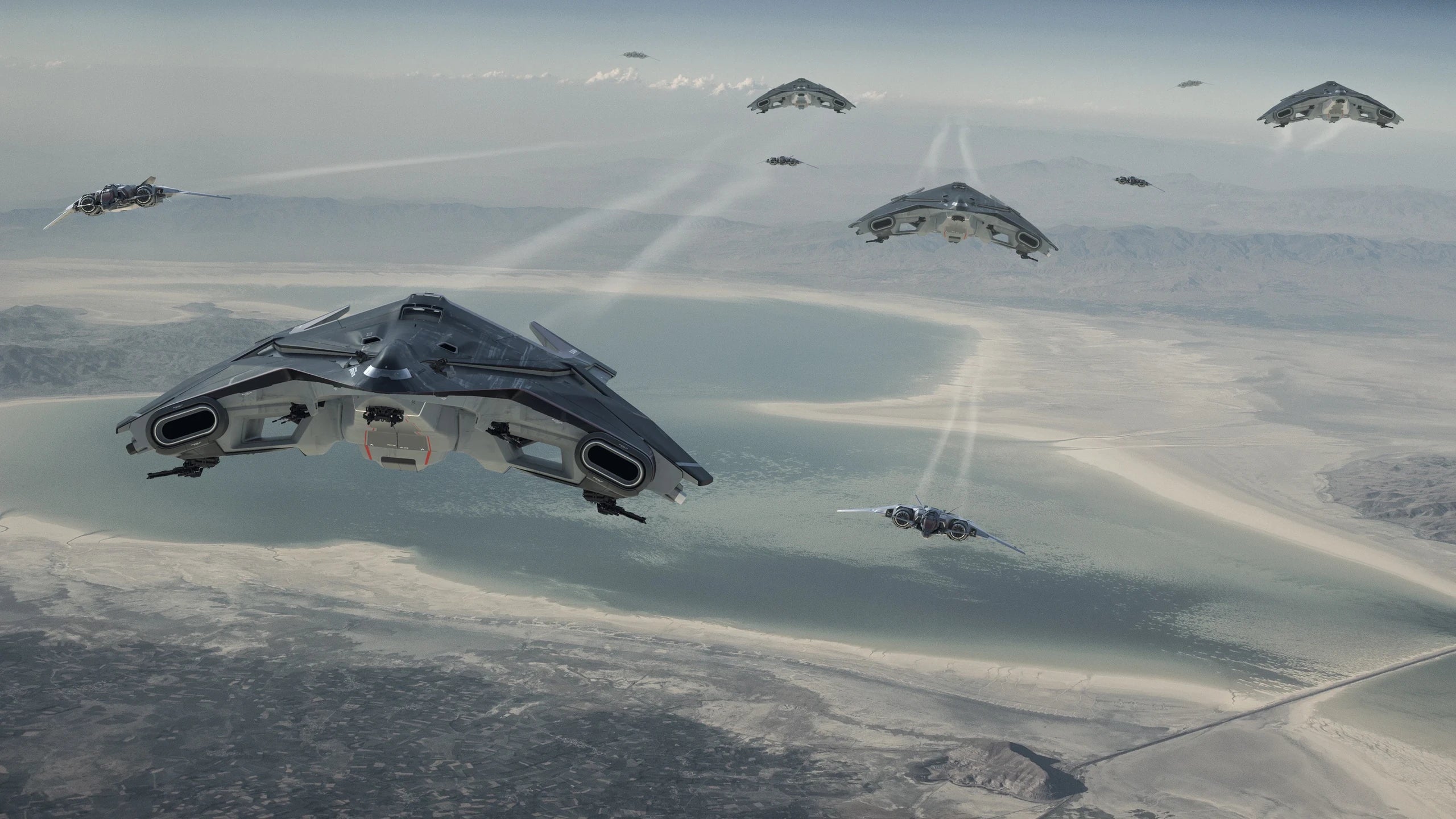 Hercules Starlifter A2 - Hercules Starlifter's flying in a formation with Sabres in Star Citizen