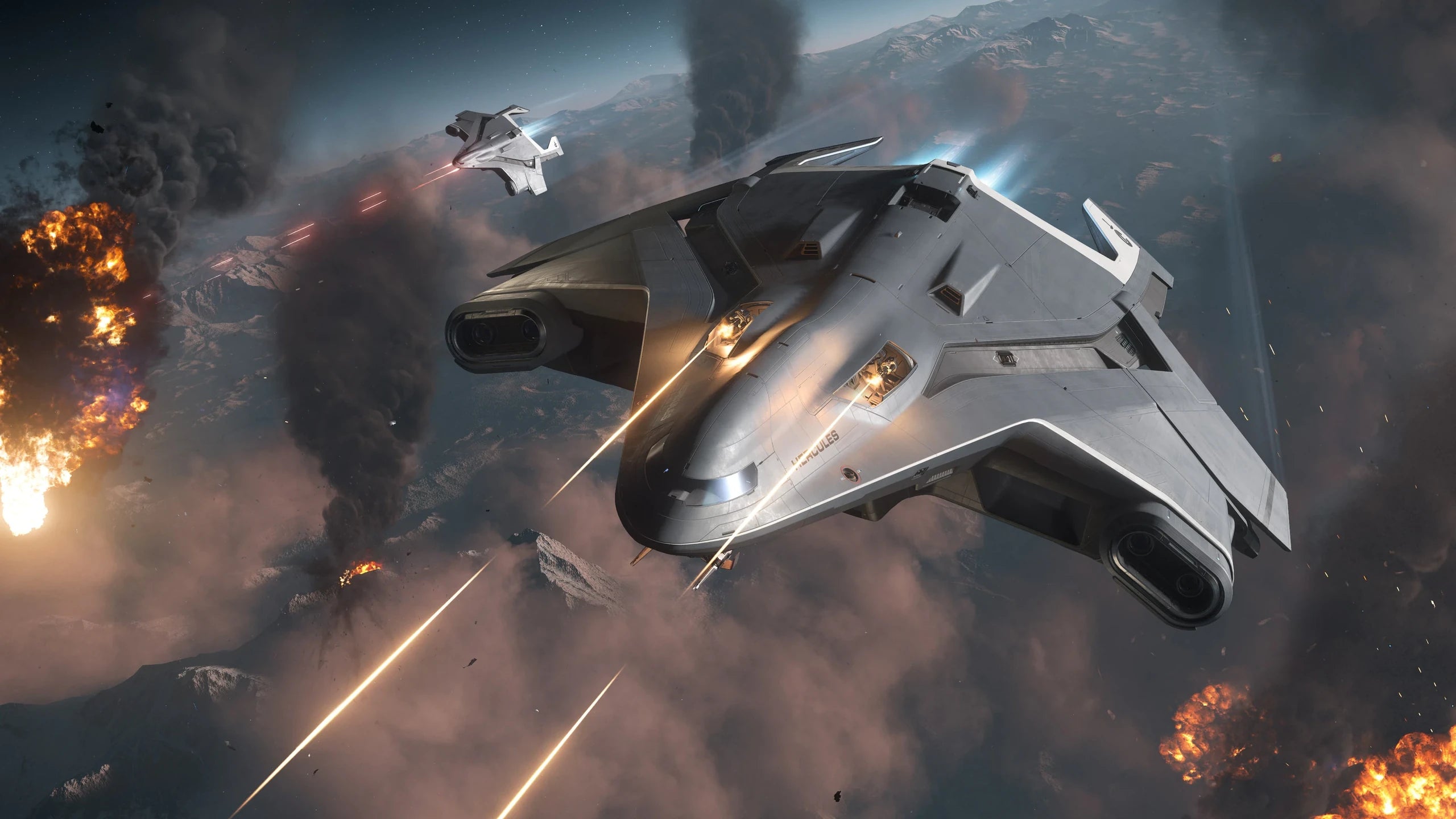 Hercules Starlifter M2 - M2 Hercules Starlifter flying while shooting in Star Citizen