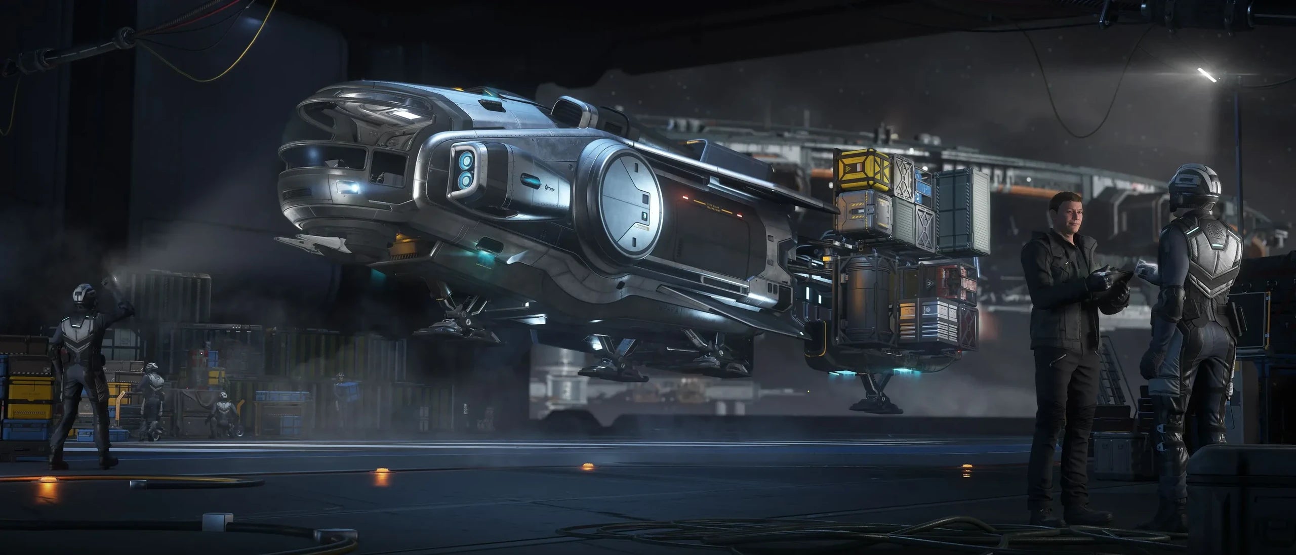 Hull A - Concept art of Hull A loading in a cargo bay in Star Citizen