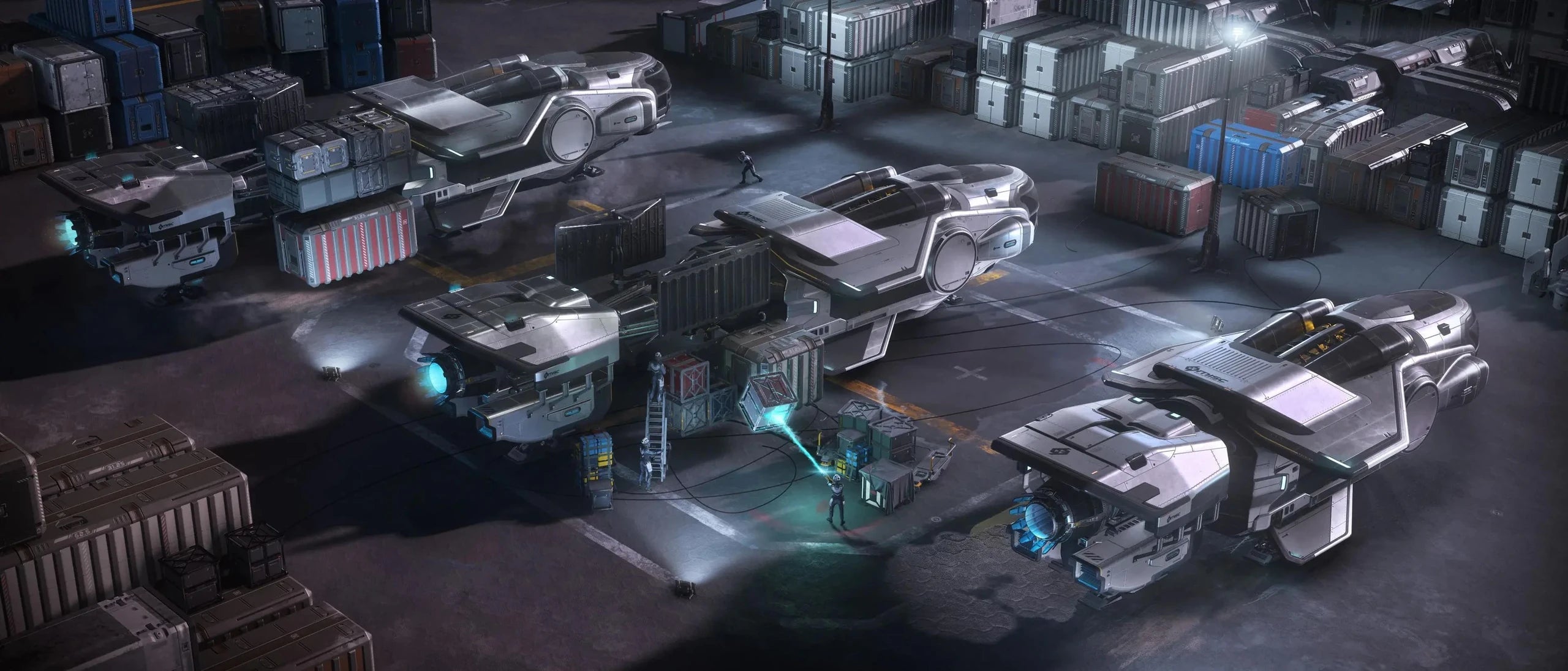 Hull A - Hull-A x3 landed surrounded by cargo containers in Star Citizen