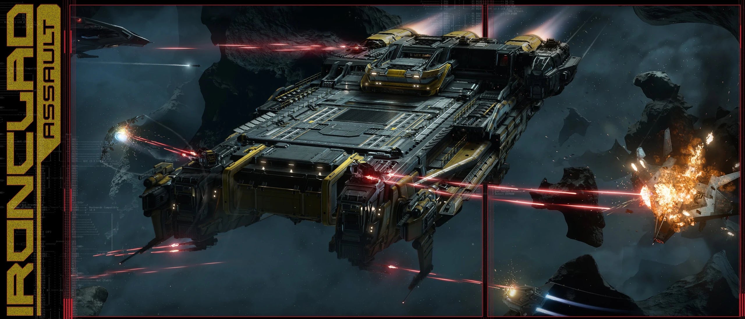 Ironclad Assault flying through debris field firing weapons