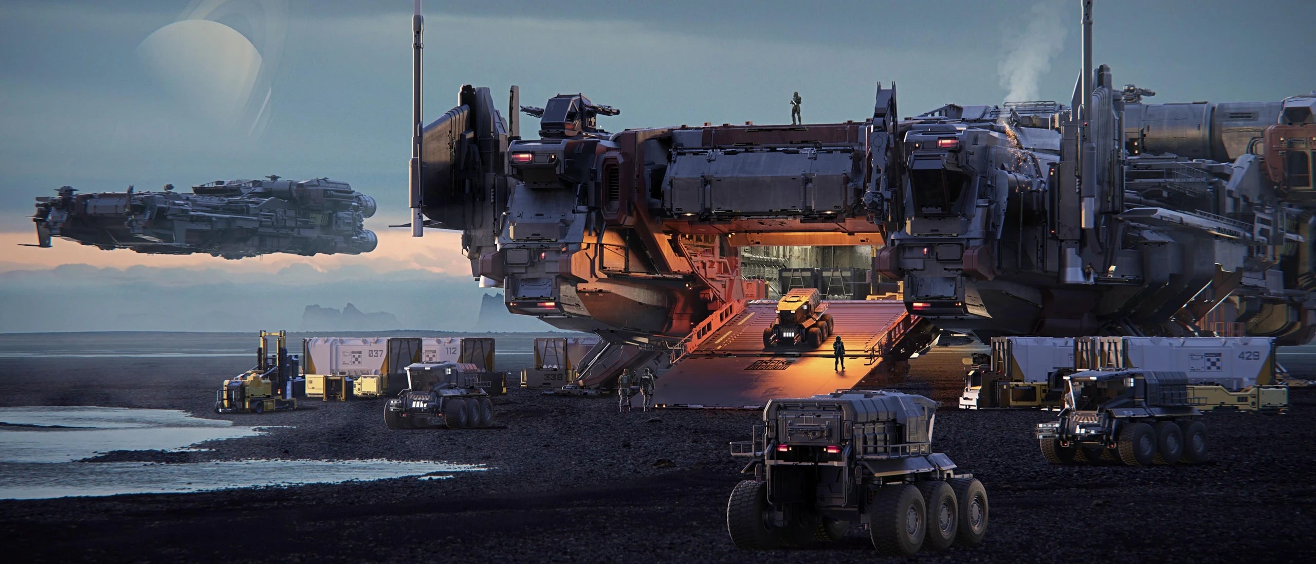 Ironclad x2 landed on barren world with Mules and its front ramp open