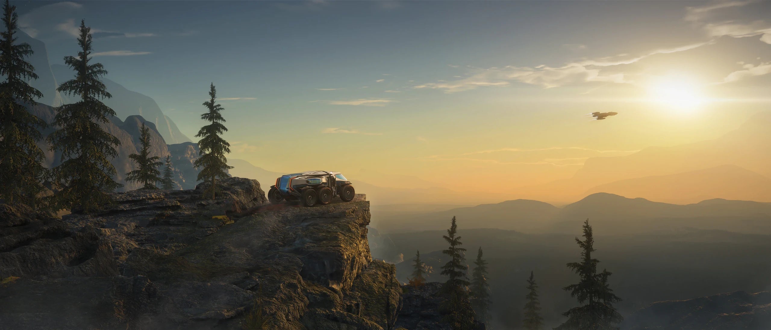 Lynx Rover - Lynx Moonshadow on cliff edge with Phoenix flying by in Star Citizen