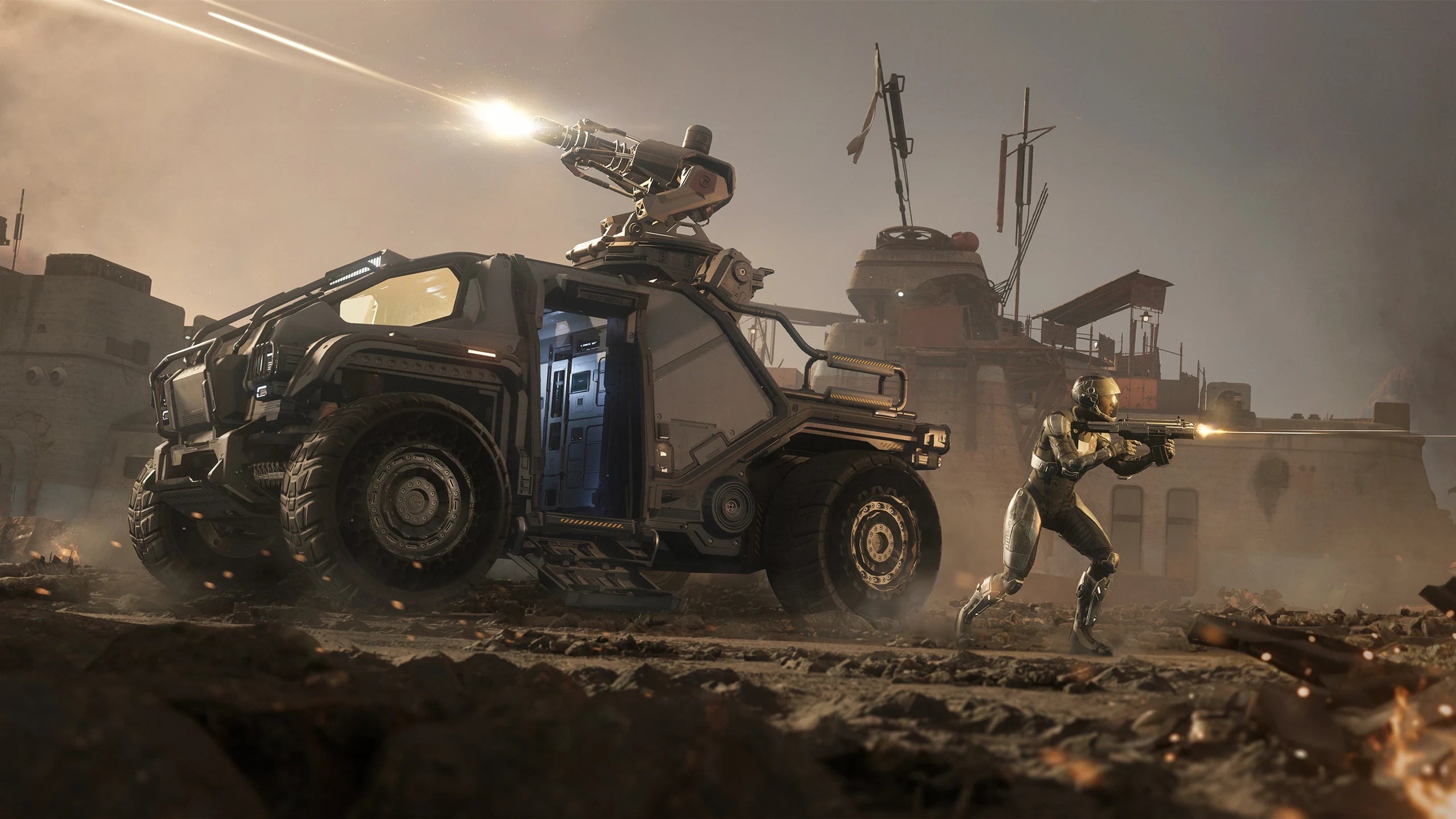 MDC - with player beside firing weapons in Star Citizen