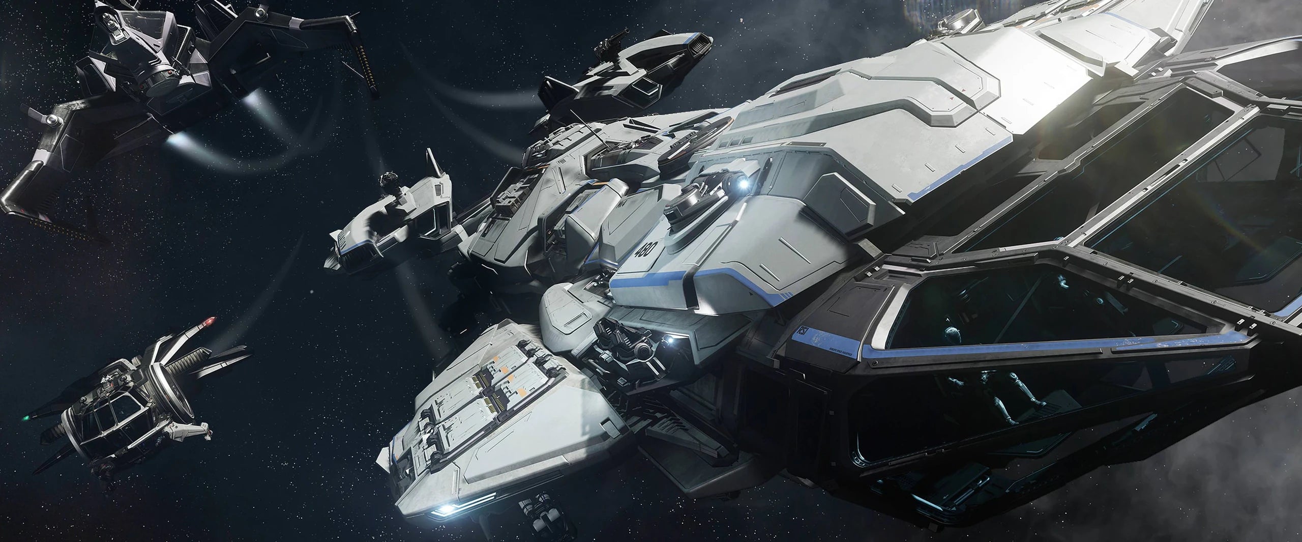 Mustang Alpha - 'Vindicator' flying above world with other variants in Star Citizen