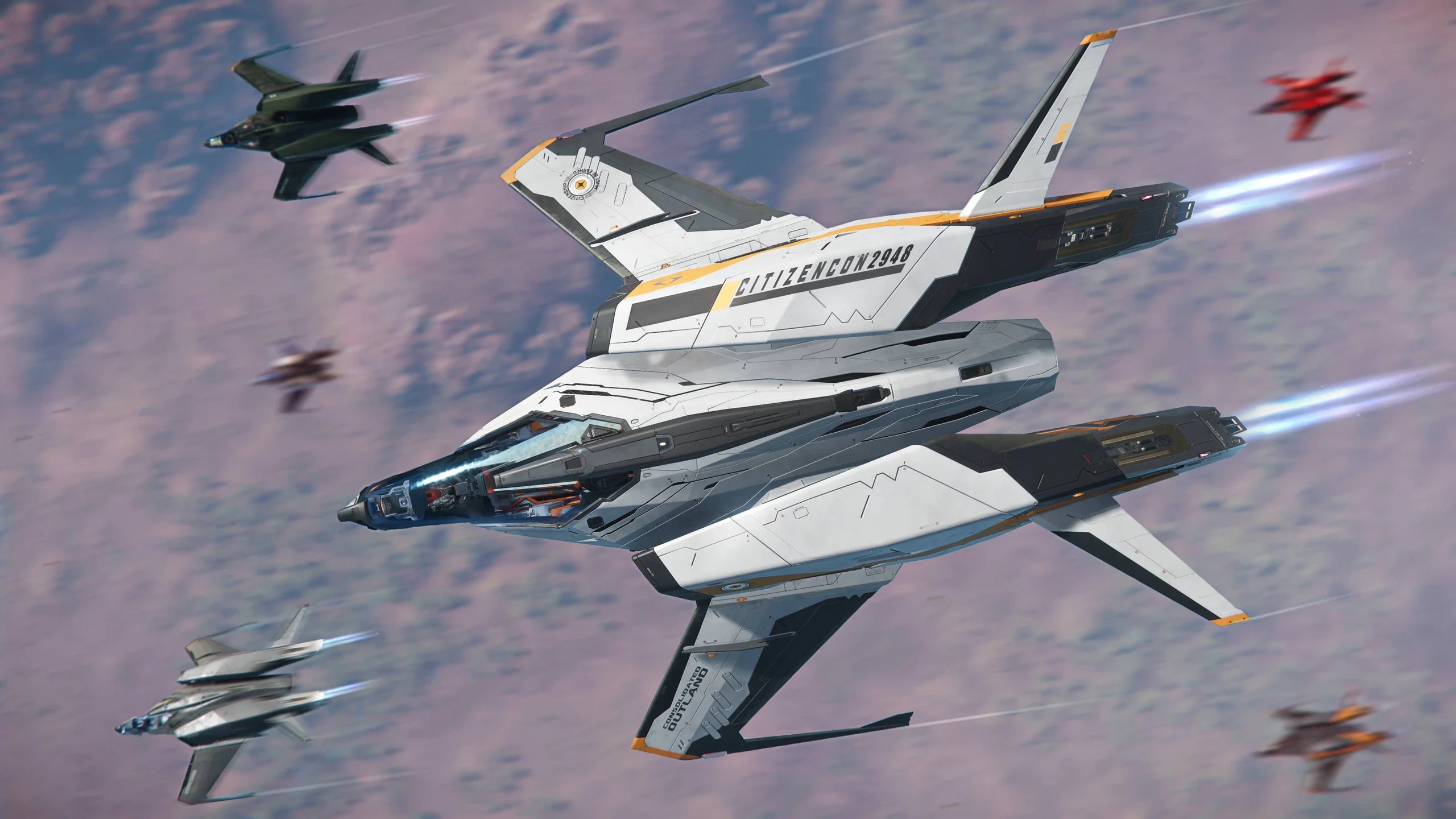Mustang Alpha - s in formation in the clouds in Star Citizen