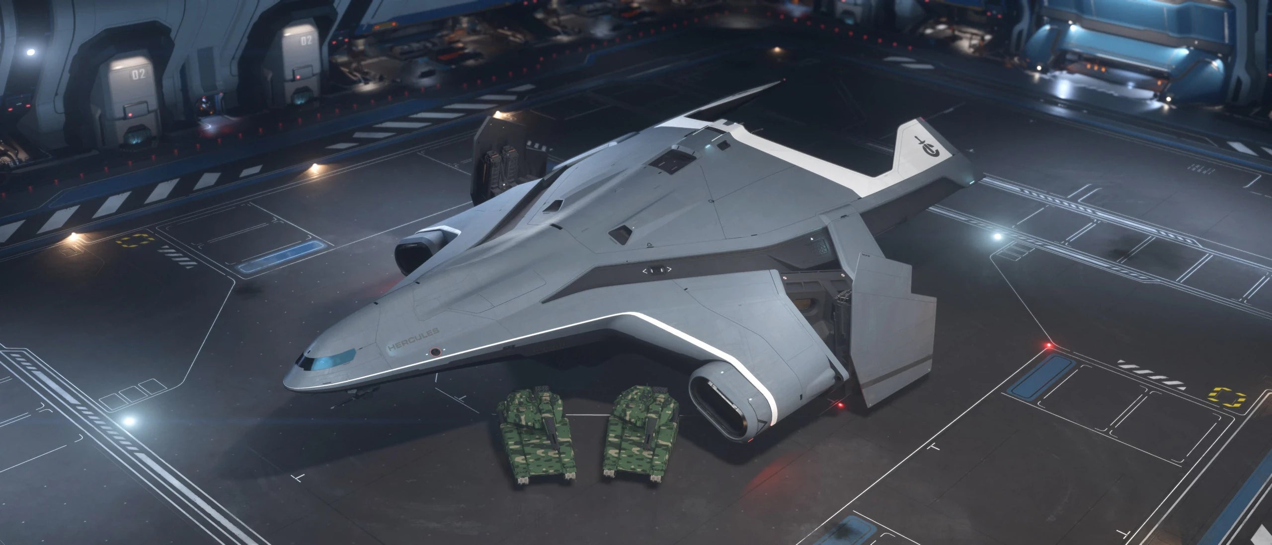 Nova Tank - Nova and M2 Hercules Starlifter in a hangar in Star Citizen