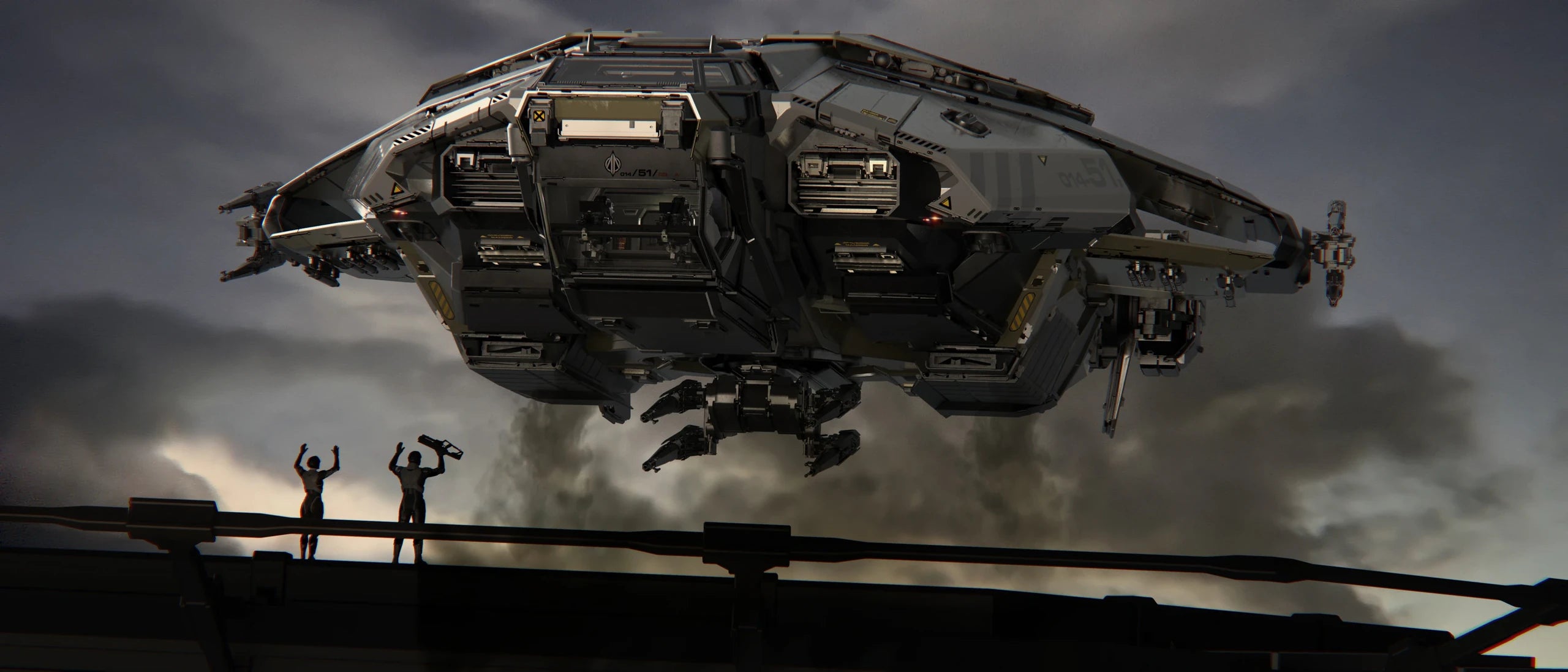 Paladin over landing pad aiming main turret at 2 prople