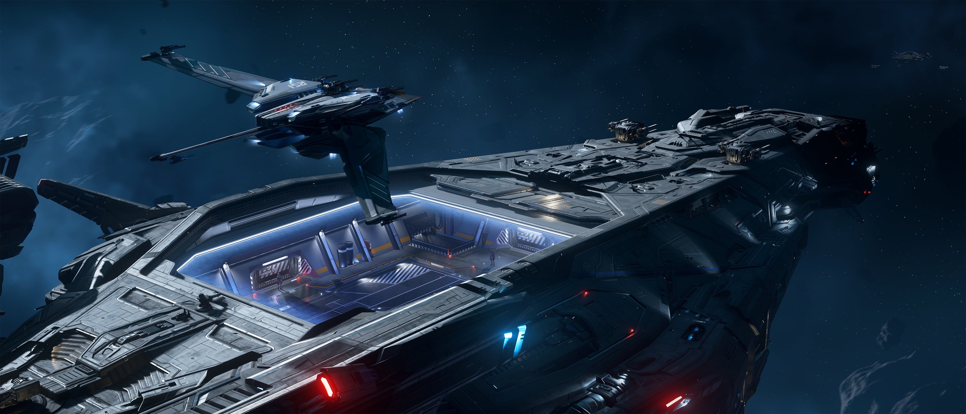 Polaris - RSI Scorpius approaching the open Polaris hangar in Star Citizen