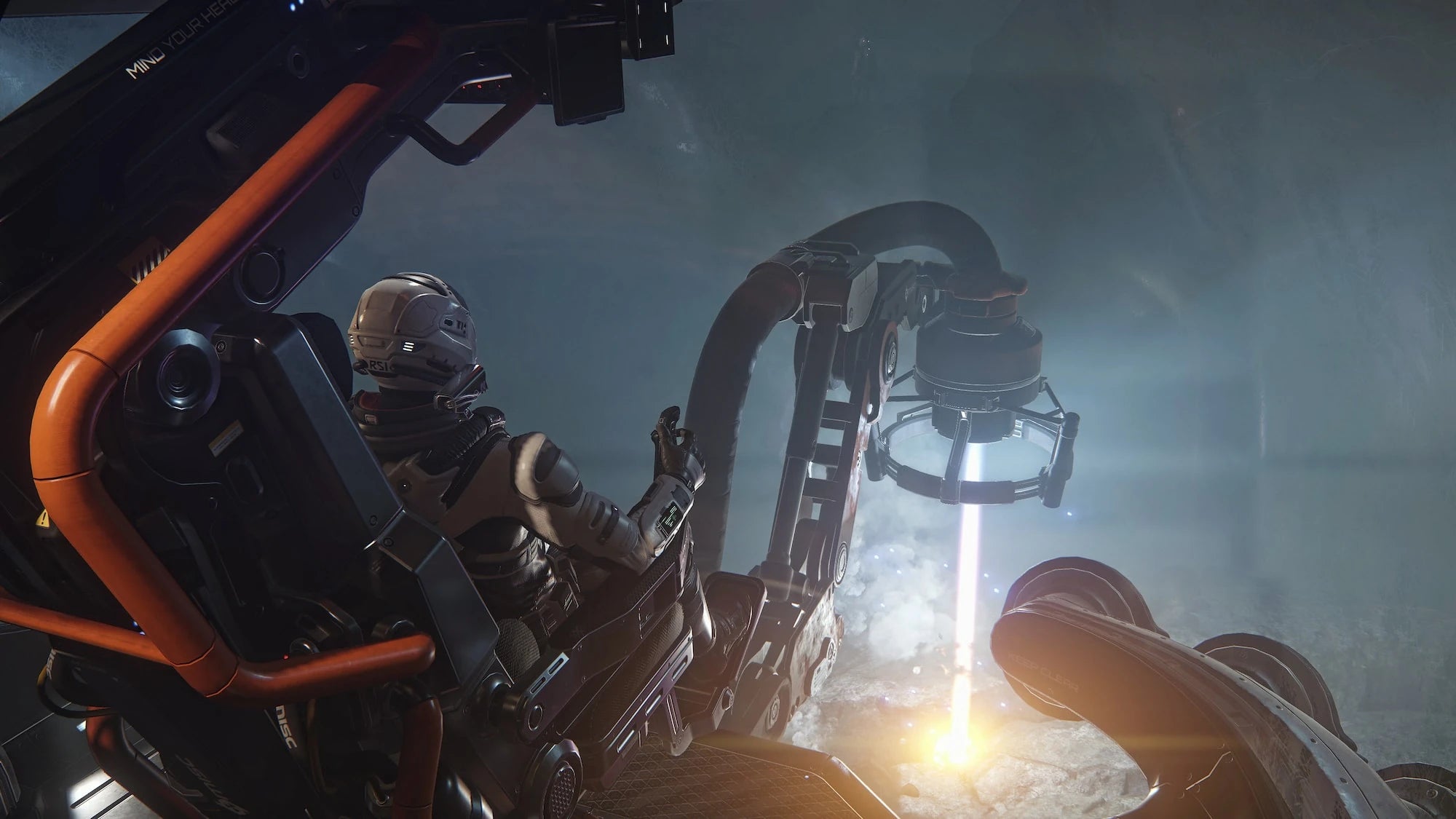 Prospector - Mining from inside cockpit looking forward in Star Citizen