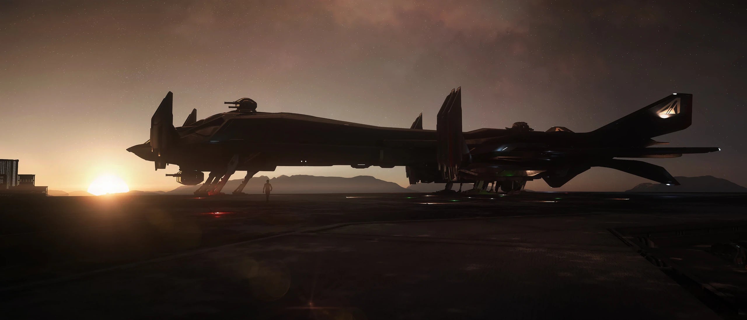 Retaliator Bomber - Retailiator landed on world with sun at the horizon