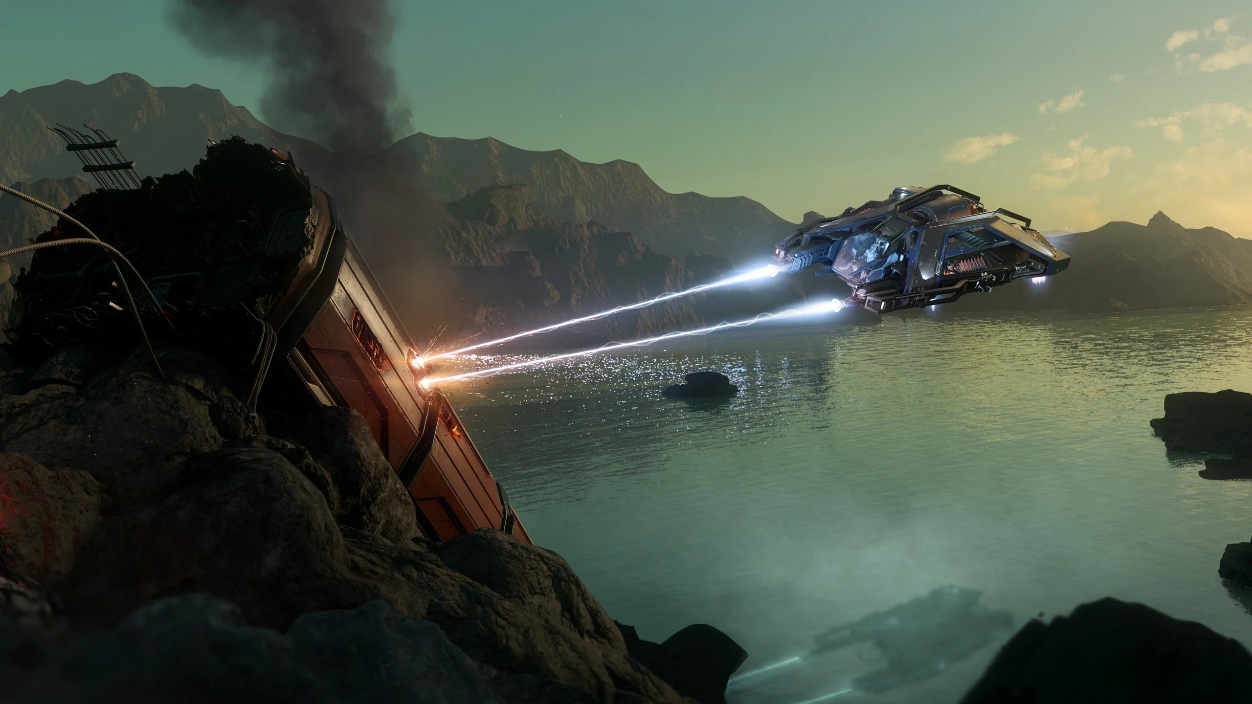 Salvation - salvaging crashed Caterpillar beside lake in Star Citizen
