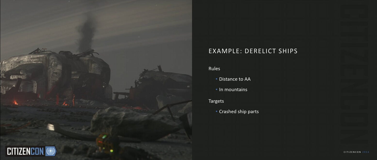 A smoking wrecked ship beside CIG’s derelict-ship example, listing mountain and anti-aircraft proximity rules.