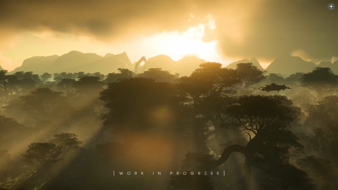 A spacecraft flies above broad tree canopies in golden light, with mountains behind.