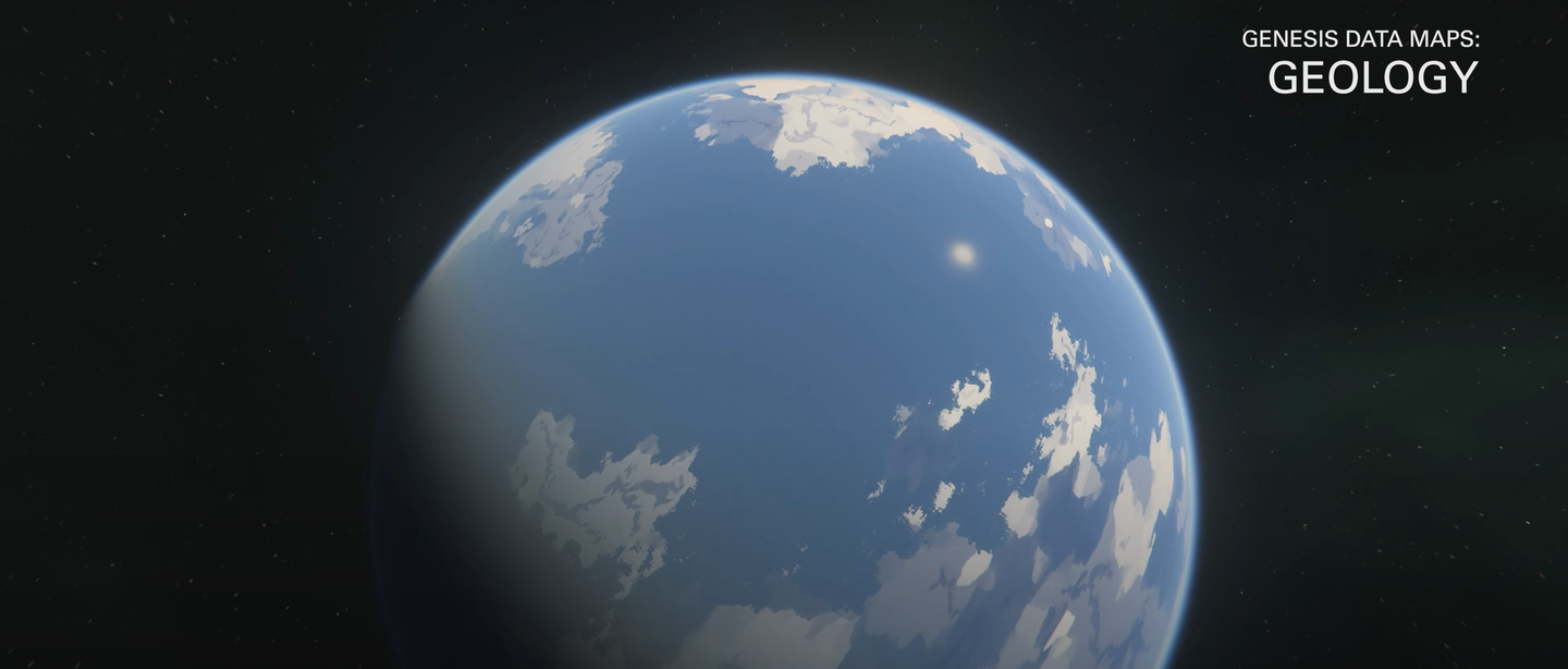 A blue and white planetary data view labeled Genesis Data Maps: Geology.