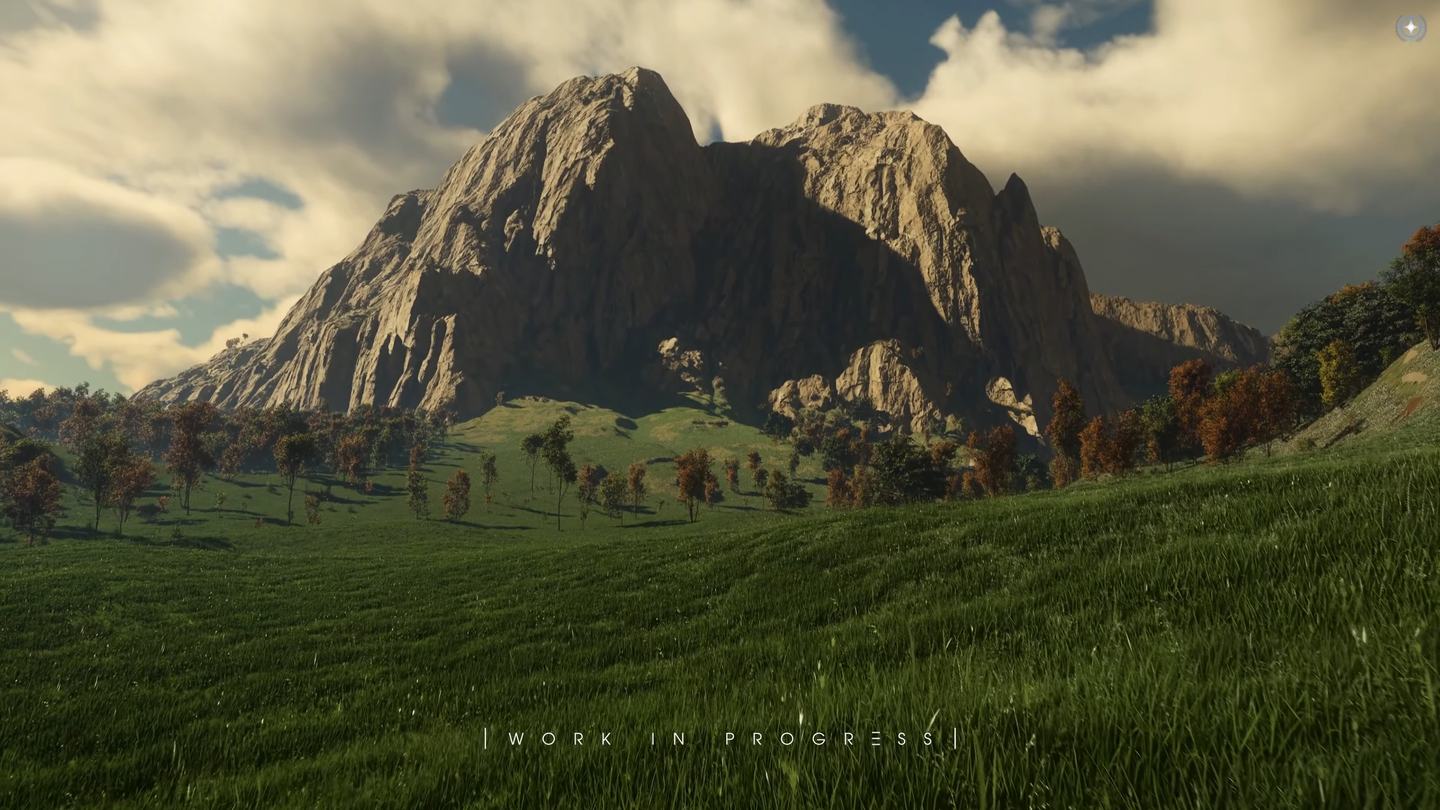 Dense grass covers rolling slopes below a large rocky mountain, with scattered trees.